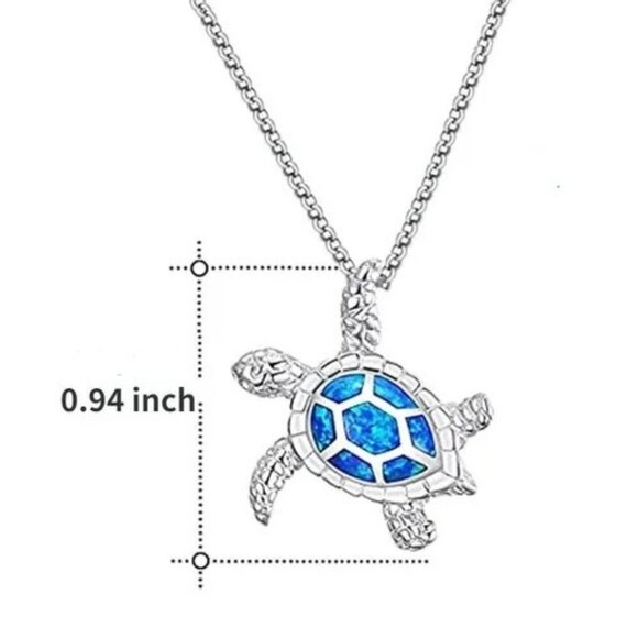Silver and Hawaiian Blue Opal Sea Turtle Pendant Fashion Necklace NWOT - Picture 4 of 9